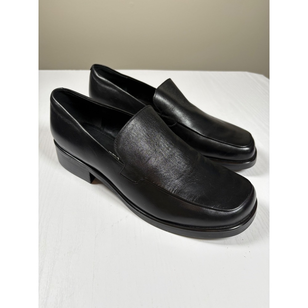Franco Sarto Bocca Black Leather Square Toe Block Heel Loafers Womens Shoes 10W